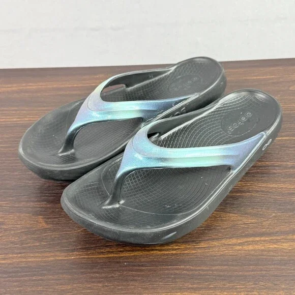 Oofos Sandals Womens 10 Black Blue Thong Flip Flop Beach Walking Recovery - Picture 3 of 7